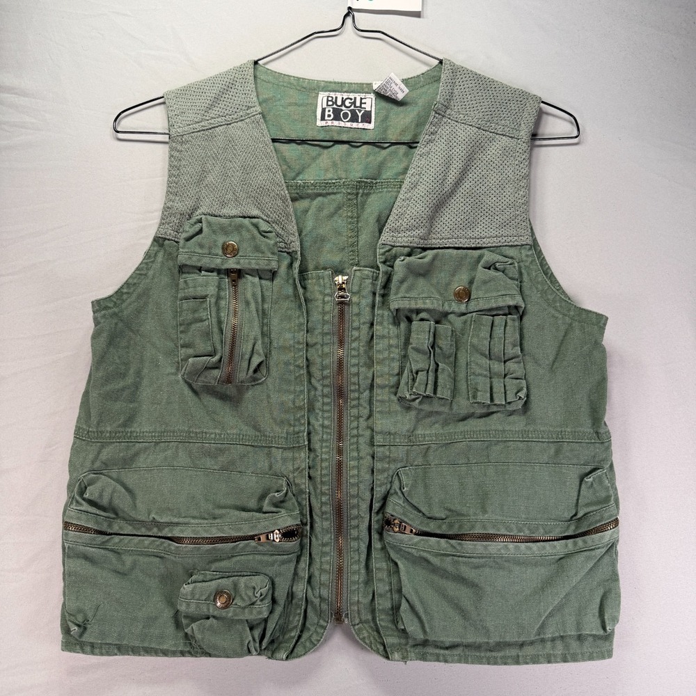 Vintage Bugle Boy Vest Mens Medium Green Full Zip Safari Utility Pockets Hunting